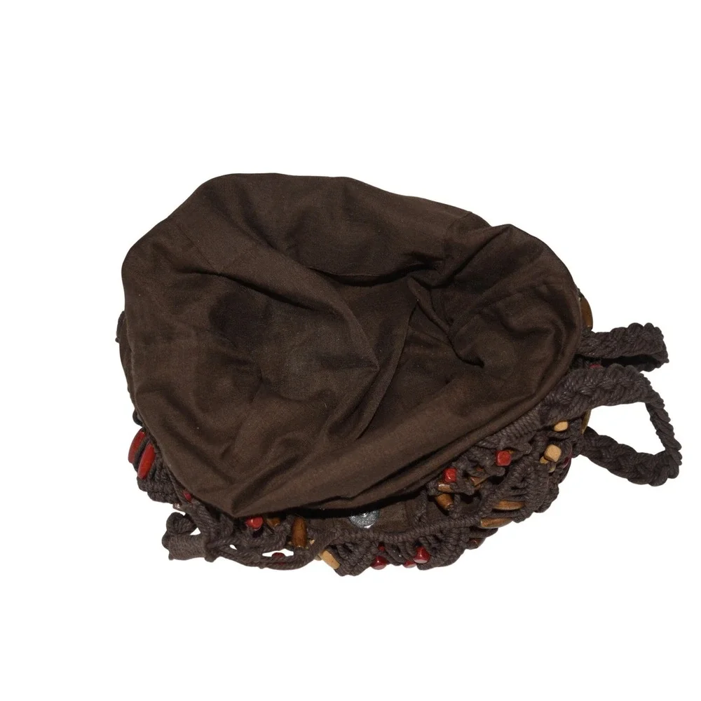 Macrame Purse Tote Bag Womens Medium Brown EUC Beaded Boho‎ Shoulder